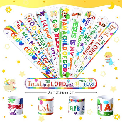 Frienda 10 Sets Christian Gift Bags Bulk Bible Verse Drawstring Bags with Jesus Slap Bracelets Religious Party Favors Gifts Jesus Loves You for Sunday School Classroom Prizes Party Supplies(Stylish)
