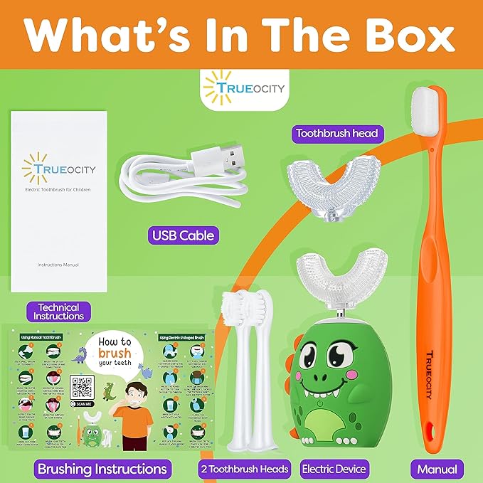 Trueocity Kids Toothbrushes U Shape, Kids Automatic Toothbrush, Toddler Toothbrush U Shaped, U Toothbrush Kids, Auto Toothbrush, Rechargeable Electric Brush Age 2+, Children's Toothbrush (Dinosaur)