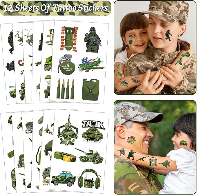 122 PCS Army Party Favors, Military Camo Temporary Tattoos Slap Bracelets Keychains Stickers Badges Goodie Bags Soldiers Figures for Army Birthday Party Decorations Gifts for Kids Classroom Rewards