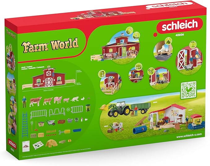 Schleich Farm World Animal Farm Playset with Figurine and Accessories - 92pc Kids Animal Farm Playset with Cow, Horse, Pig, Bull, and Accessories for Boys and Girls, Gift for Kids Age 3+, Red