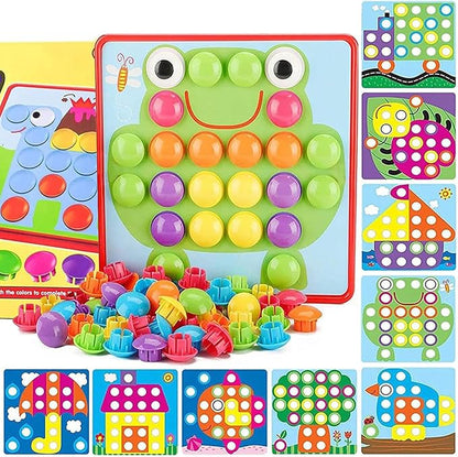58 Pcs Button Art Toys for Toddlers,Color Matching Mosaic Pegboard for Toddlers,Early Learning Educational Toys Toddler Activities,Include 12 Pictures and 46 Buttons with Box