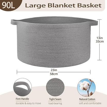OIAHOMY 90L Blanket Basket for Living Room, Large Basket 23" x 23" x 13" with Handle, Laundry Hamper for Blankets, Pillows, Toy Storage for Kids, Dogs - Light Grey