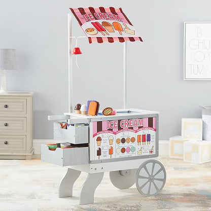 Melissa & Doug Wooden Snacks and Sweets Food Cart - 40+ Play Food pcs, Reversible Awning , Multi Colored
