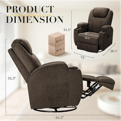 Recliner Chair, 360° Swivel Rocker Chair for Adults, Rocking Recliner Chair with Massage, Comfy Single Sofa with Side Pockets Cup Holders for Living Room, Bedroom, Nursery (Fabric, Brown)