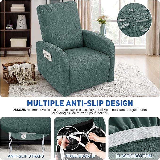 MAXIJIN Waterproof Small Recliner Chair Covers 3 Pieces Recliner Cover That Stay in Place, Lazy Boy Recliner Slipcovers with Pockets Reclining Protector for Pet (Small Recliner, Pea Green)