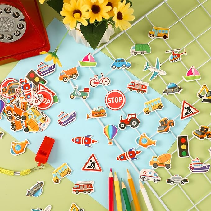 JULBEAR 300 Pieces Transportation Foam Stickers Bulk Self-Adhesive Cartoon Race Car Bus Vehicle Truck Stickers for Crafts Transportation Theme Party Favors Decoration School Reward DIY Supplies