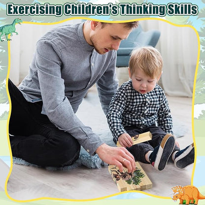 CJiangpo Wooden Dinosaur Chunky Puzzles - 4 in 1 Woodland Dinosaur Puzzle Blocks Sensory Toys for Toddlers 2+ Years, Realistic Animals Building Block Stacking Educational Toy Game for Boy Girl