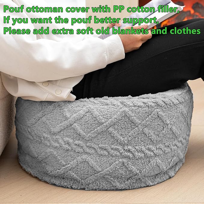 Pouf Ottoman Stuffed 20x20x12 Inches Floor Pouf Plush Fiber Ottoman Foot Rest Under Desk Foot Stool for Living Room Bedroom (Light Gray Pouf with Filler)