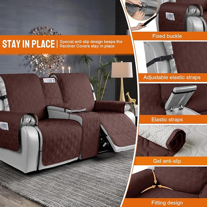 VANSOFY Loveseat Recliner Cover with Console 100% Waterproof Sofa Slipcovers Non-Slip Reclining Couch Cover Split Sofa Covers Furniture Protector for Pets, Dogs(Coffee)