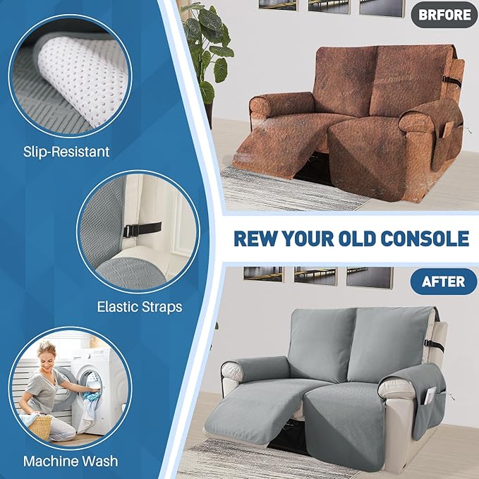 Easehomey Water Resistant Loveseat Recliner Cover Non Slip Sofa Cover for Reclining Sofa 2 Seat, Recliner Couch Cover Furniture Protector for Kids Pets with Elastic Band Pocket (Light Grey, 2 Seater)