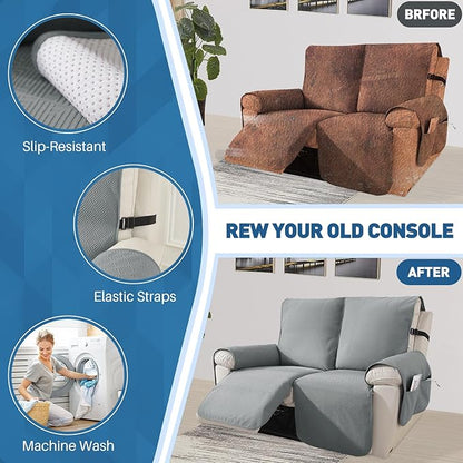 Easehomey Water Resistant Loveseat Recliner Cover Non Slip Sofa Cover for Reclining Sofa 2 Seat, Recliner Couch Cover Furniture Protector for Kids Pets with Elastic Band Pocket (Light Grey, 2 Seater)