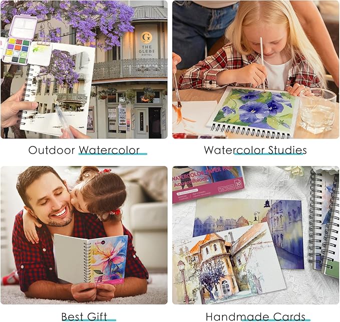 KOVIEDE 100% Cotton Watercolor Paper Pad 30 Sheets, Cold Press 140lb/300gsm Spiral Bound Watercolor Sketchbook, Artist Quality Art Journal Supplies (Floral-Purple, 5.5“x8.5)