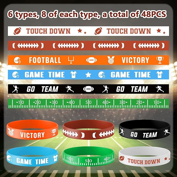 Lesnala 48 PCS Football Silicone Wristband Rugby Bracelets for Kids and Adults Motivational Sports Themed Party Supplies Classroom Rewards 6 Styles