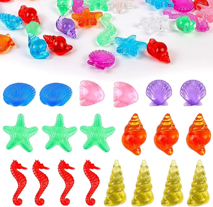 HAPTIME 100 Pcs Sensory Bin Filler, Diving Gem Pool Toys for Kids, Plastic Seashells Under The Sea, Little Mermaid Table Decorations, Sea Shells for Crafting, Vase Filler