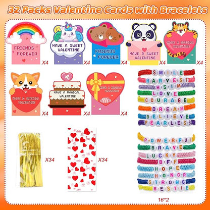 32Pack Valentines Day Gifts for Kids Classroom, Valentines Cards with Friendship Bracelets Goodie Bag, Girls Boys Students Valentine Greeting Cards Bracelets School Prizes Exchange Gifts Party Favors