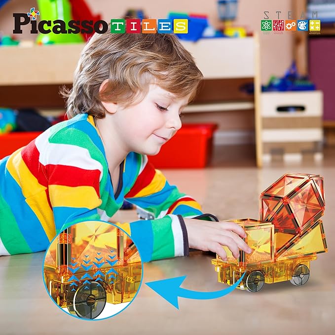 PicassoTiles Magnet Tile Motorized Car Base Self Turning Omnidirectional Truck with Light And Motor Playset Magnetic Tiles Construction Building Blocks Compatible STEM Learning Preschool Ages 3+ PTU05