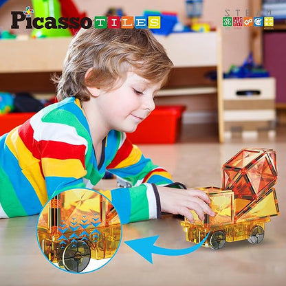 PicassoTiles Magnet Tile Motorized Car Base Self Turning Omnidirectional Truck with Light And Motor Playset Magnetic Tiles Construction Building Blocks Compatible STEM Learning Preschool Ages 3+ PTU05