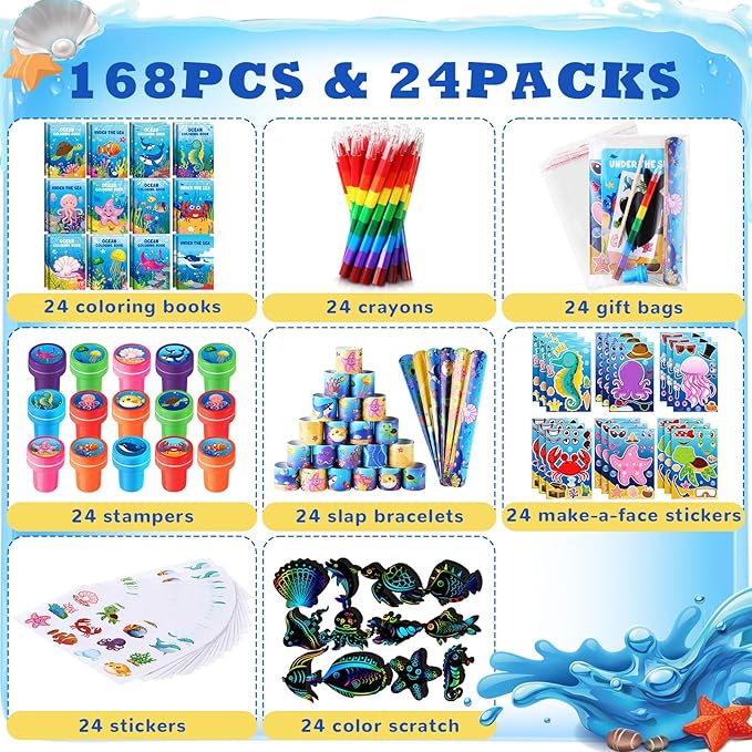 BenLouis 192Pcs Under the Sea Party Favors Ocean Animals Party Coloring Books Set Bulk for Kids Sea Fish Birthday Mermaid Party Goodie Bag Fillers School Classroom Gift Rewards Activity Supplies