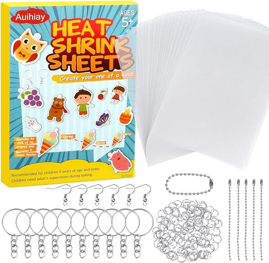Auihiay 145 Pieces Shrink Plastic Sheet Kit Include 20 PCS Shrinky Paper with 125 PCS Keychains Accessories for Kids Creative Craft