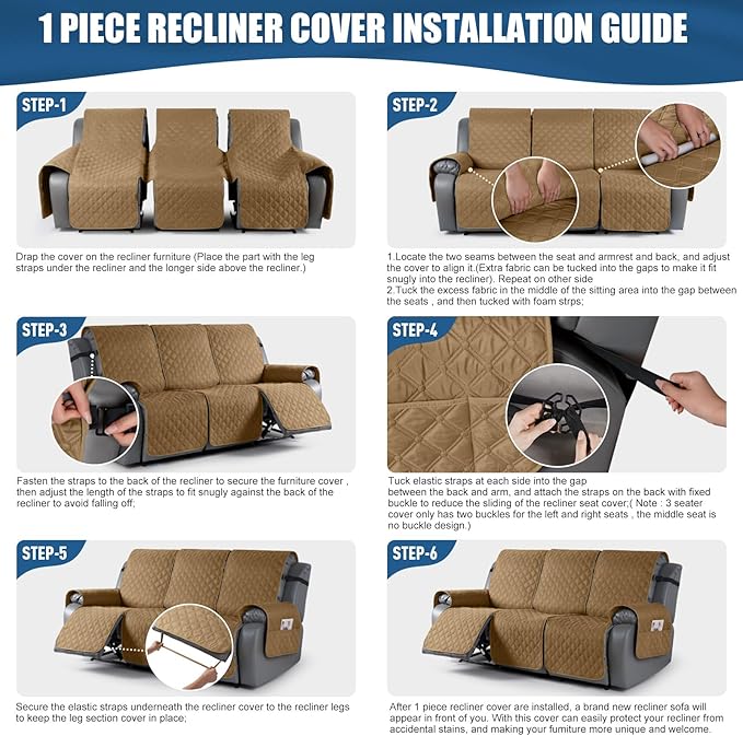 TAOCOCO 100% Waterproof Recliner Covers, Recliner Sofa Covers with Leg Straps, Reversible Recliner Couch Cover for Reclining Chair, Washable Couch Protector for Pets Kids(3 Seater, Camel)