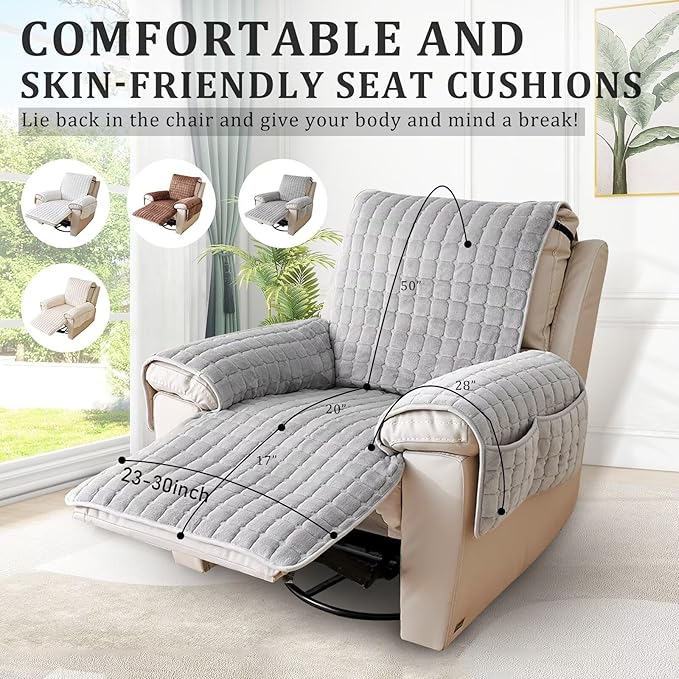 Plush Recliner Slipcover 30 Inches Washable Chair Covers Artificial Wool Lazy Boy Cover Quilted Cover for Recliner Chairs and Furniture,Large Taupe Chair Protector with Side Pocket for Kids/Pets