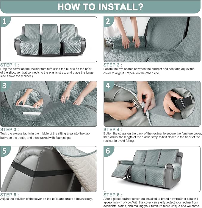 TAOCOCO Recliner Sofa Slipcover Couch Covers for 3 Cushion Couch, Pet Sofa Cover for 3 Seat Recliner Sofa, Washable Reclining Sofa Cover Furniture Protector with Elastic Straps(3 Seater, Mint)