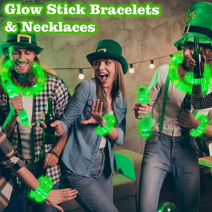 12 PCS LED Light up Pop Tubes for Toddlers, Green Glow Sticks St Patricks Day Party Favors for Kids, Neon Necklaces Bracelets Accessories, Glow Birthday Dance Wedding Mardi Gras Party Supplies
