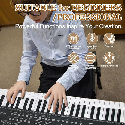 Keyboard Piano 61 Key Electric Piano Keyboard for Beginners/Professional, Portable Light Up Music Keyboard Built-in Dual Speakers with LED Display, Music Stand, Stand, Microphone, Bench (A)