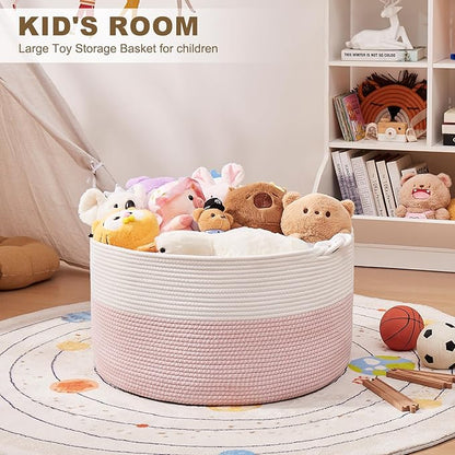 OIASKET Large Blanket Storage Basket for Living Room, 22.8" x 22.8" x 13" Woven Cotton Rope Basket with Handles, Baby Toy Storage, Laundry Hamper for Clothes, Pillows, Towels-Pink and White