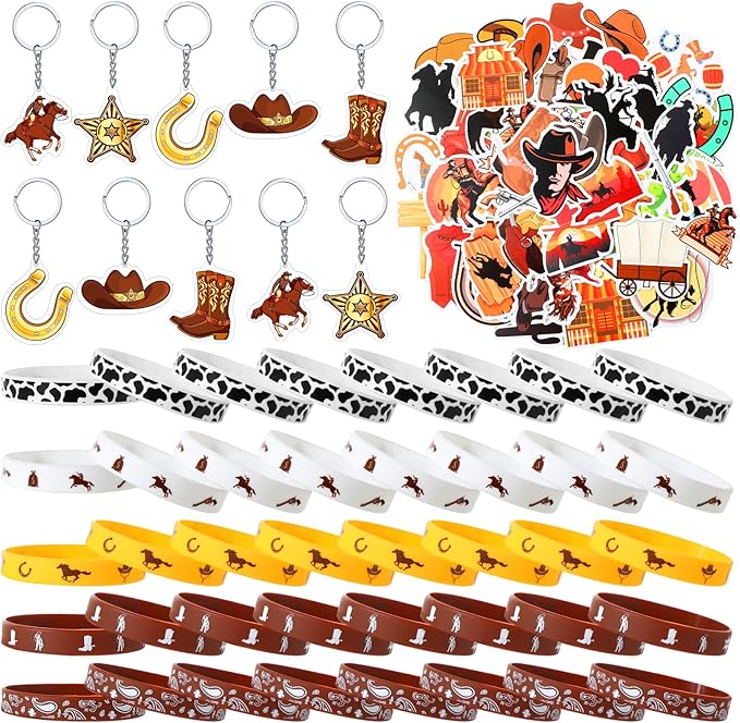 Nosiny 90 Pieces Cowboy Cowgirl Party Favor Supplies, Includes Silicone Bracelets Stretch Wristbands Acrylic Keychains and Cowboy Stickers for Western Themed Birthday Baby Shower Party Favors