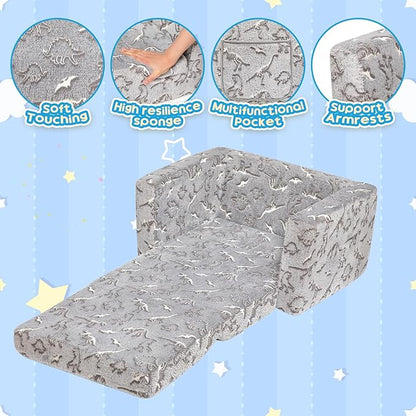 ALIMORDEN 2-in-1 Flip Out Cuddly Sherpa Toddler Couch, Convertible Sofa to Lounger, Glow in The Dark,Dinosaurs