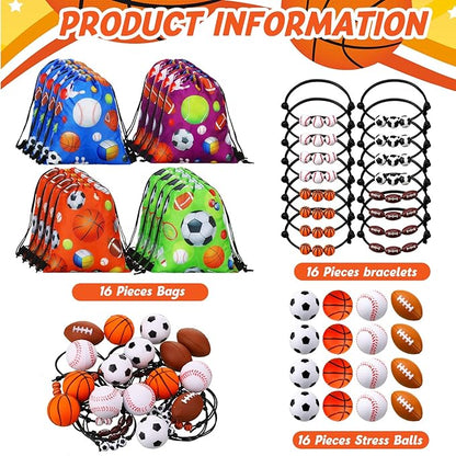 Panelee 16 Sets Sports Party Favors Supplies Include 16 Pcs Balls Drawstring Bags String Backpack 16pcs Sport Theme Charm Bracelets 16 Pcs Mini Foam Sports Balls for Sports Birthday Party Supplies