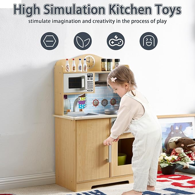 Play Kitchen for Kids, Wooden Toddlers Toy Kitchen Playset, Kitchen Cooking Set with Plenty of Play Features, Kitchen Pretend Play Set, Toys Kitchen with 13 Pcs Toy, Gift for Girls and Boys Ages 3+
