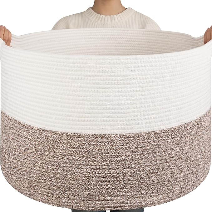 OIAHOMY 115L Extra Large Blanket Basket, 23.6" x 15.4" Woven Cotton Rope Laundry Basket for Organizing Pillows, Decorative Stuffed Animal Toy Storage Bin for Nursery, White and Linen Brown