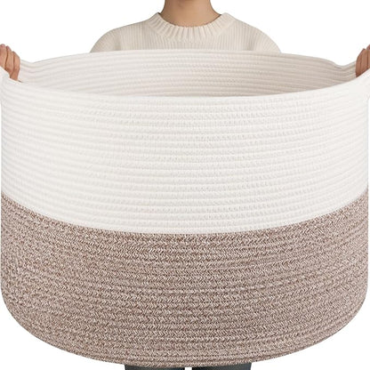 OIAHOMY 115L Extra Large Blanket Basket, 23.6" x 15.4" Woven Cotton Rope Laundry Basket for Organizing Pillows, Decorative Stuffed Animal Toy Storage Bin for Nursery, White and Linen Brown