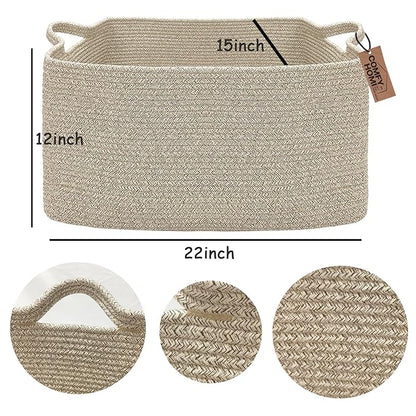 COMFY-HOMI Large Rectangular Blanket Basket, Woven Cotton Rope Baskets for Storage, Laundry Hamper Basket, Storage Bin,Toy Organizing Bin with Handle, Organization and Storage-22x15x12”-Brown