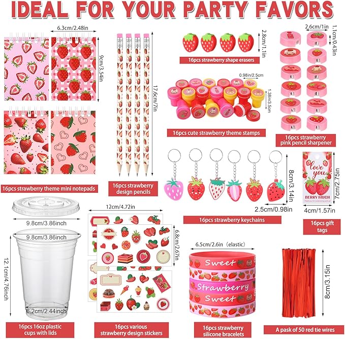 Colarr 161 Pcs Strawberry Party Favors School Stationery Set Includes Gift Cup Notebook Pencil Sharpener Eraser Keychain Stamp Slap Bracelet Sticker Card Valentine's Day gift for kids Child Supplies