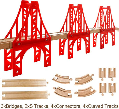 Wooden Train Bridges, 3 Suspension Bridge, Wooden Train Track Accessories, Wooden Train Track, Train Tracks Compatible with All Major Brands, Wooden Toys for Girls & Boys