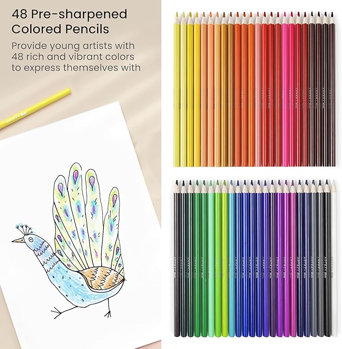 ARTEZA 48 Colored Pencils for Kids, Vibrant Colors, Triangular, Pre-Sharpened Kids Coloring Pencils for Drawing