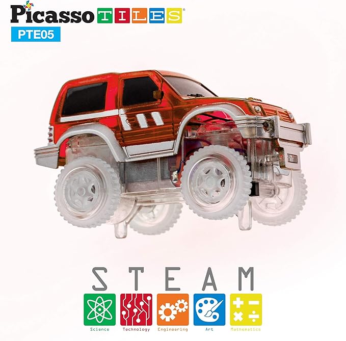 PicassoTiles 2pcs Magnetic Toy Car Set Highly Detailed Compatible with Magnet Race Track STEM Truck Replacement Accessories Educational Construction Building Kits for Toddlers Boys & Girls Ages 3+