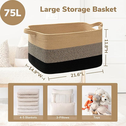 Goodpick Woven Blanket Basket, 21.6" x 14.9" x 11.8" Wicker Laundry Basket for Clothes, Storage Baskets for Organizing, Rectangle Rope Large Baskets for Storage, Black Jute
