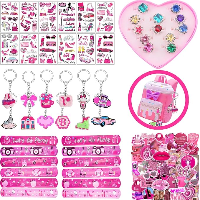 Pink Party Favors 98 Pc Princess Party 12 keychain, 12 Tattoo stickers, 12 bracelets, 12 Glass diamond ring, 50 stickers sheet for Girl Hot Pink Birthday Party Supplies