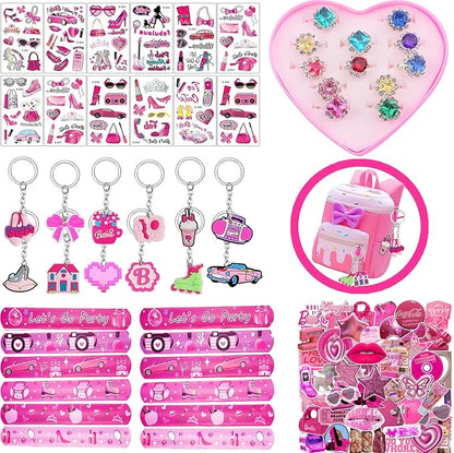 Pink Party Favors 98 Pc Princess Party 12 keychain, 12 Tattoo stickers, 12 bracelets, 12 Glass diamond ring, 50 stickers sheet for Girl Hot Pink Birthday Party Supplies