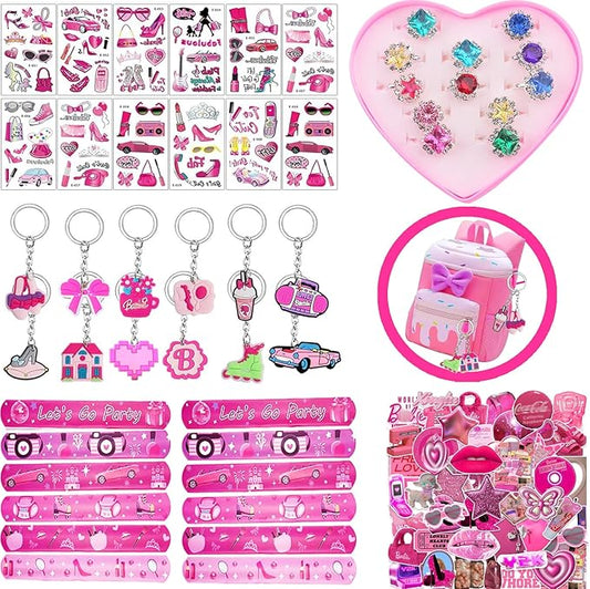 Pink Party Favors 98 Pc Princess Party 12 keychain, 12 Tattoo stickers, 12 bracelets, 12 Glass diamond ring, 50 stickers sheet for Girl Hot Pink Birthday Party Supplies