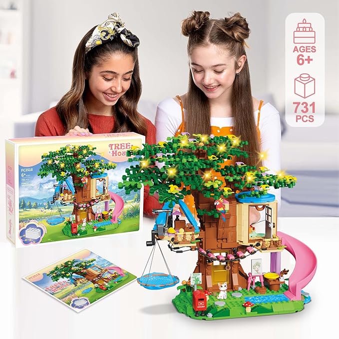 Treehouse Girls Forest Building Set 731PCS Compatible with Lego Friends, Fun Tree House Building blocks Kit Toys with Cat, Slide and Sky Hammock, Christmas Birthday Gifts for Kids Girls 6-12 Years Old