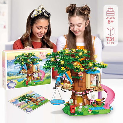 Treehouse Girls Forest Building Set 731PCS Compatible with Lego Friends, Fun Tree House Building blocks Kit Toys with Cat, Slide and Sky Hammock, Christmas Birthday Gifts for Kids Girls 6-12 Years Old