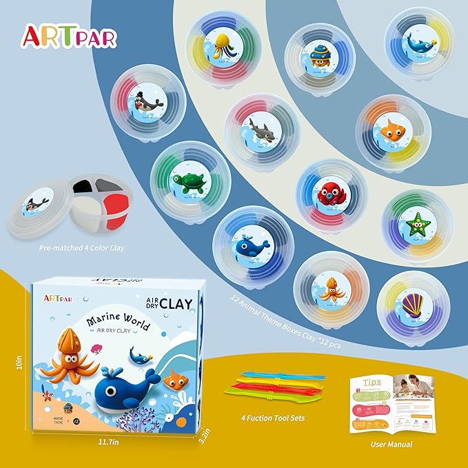 ARTPAR Kids Air Dry Clay Ocean and Transportation Set Combo, 12 Boxes of Modeling Magic Clay with Easy Tutorial Sculpting Tools, Soft & Non-Sticky, Classroom Prizes Birthday Party Gifts for Boys Girls