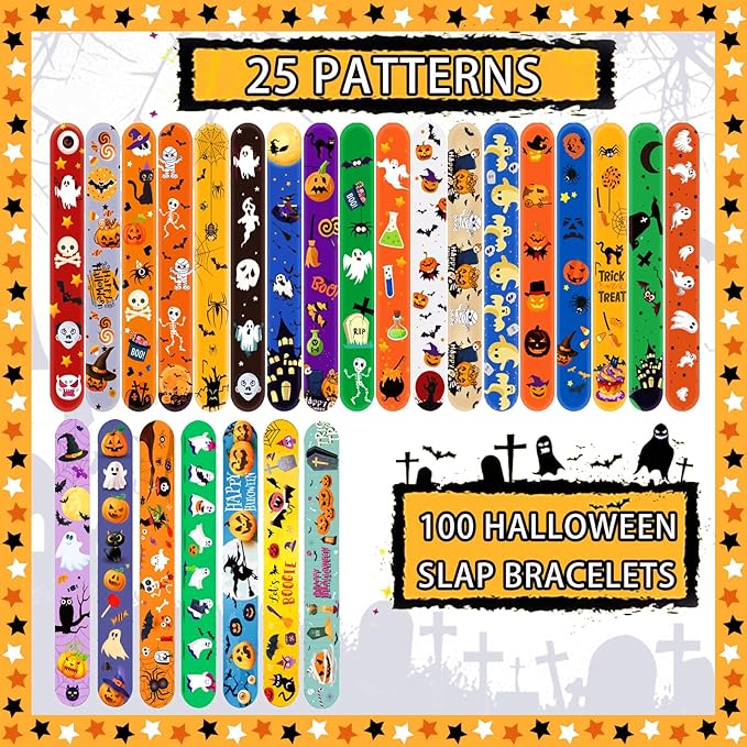 Halloween Slap Bracelets for Kids, 100 Halloween Bracelet Toys Bulk For Kids Girls Boys, Trick or Treat Party Favors, Classroom Prizes, Exchanging Gifts, Halloween Party Gift Treat Bag Filler Supply