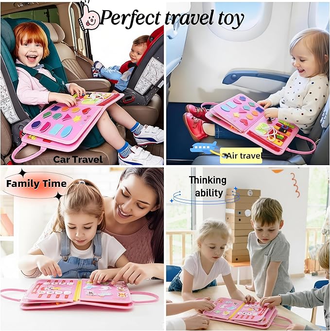 Toddler Busy Board-Montessori Toys for Boy Girl Birthday Gift, Sensory Learning Toys for Toddlers Busy Book, Airplane Car Travel Activities Toy,Learn Fine Motor Skills