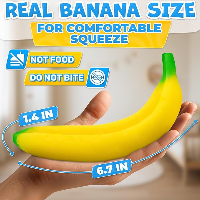 Tesorrio Fake Banana Stress Relief Fidget – 6.7 x 1.4 in Soft PU Foam Desk Accessory | Lightweight Squeeze Fidget for Adults | Novelty Office Decor & Relaxation Tool
